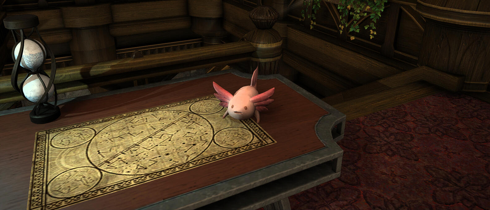 While in our lounge, say hello to Amby! Although these axolotl efts aren't native to the Twelveswood, this one seems to feel quite at home among our artifacts.